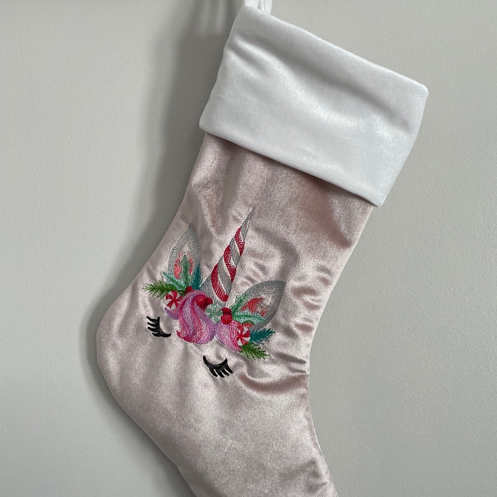 Handcrafted child or adult unicorn Christmas stocking in pink velvet